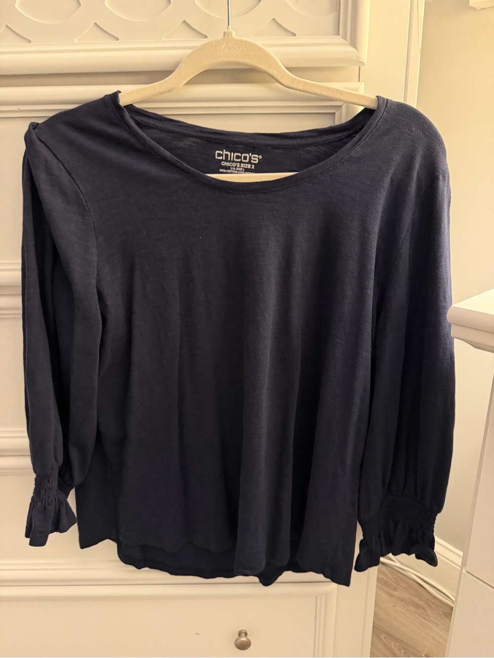 Chico’s Size 2 Women’s Blouse Navy Blue Long Sleeve